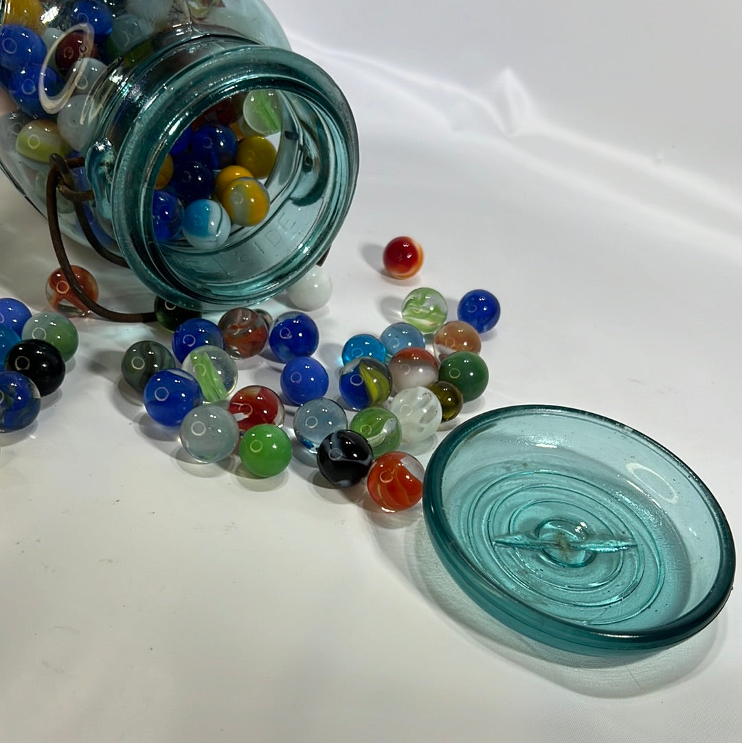 Blue Ball Ideal Quart Jar with Wire Slide Glass Lid filled with Colorful Marbles Vintage Decor