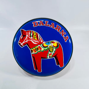 Dalarna Dala Horse Round Sewing Tin 1960s to 1970s Swedish Folk Art