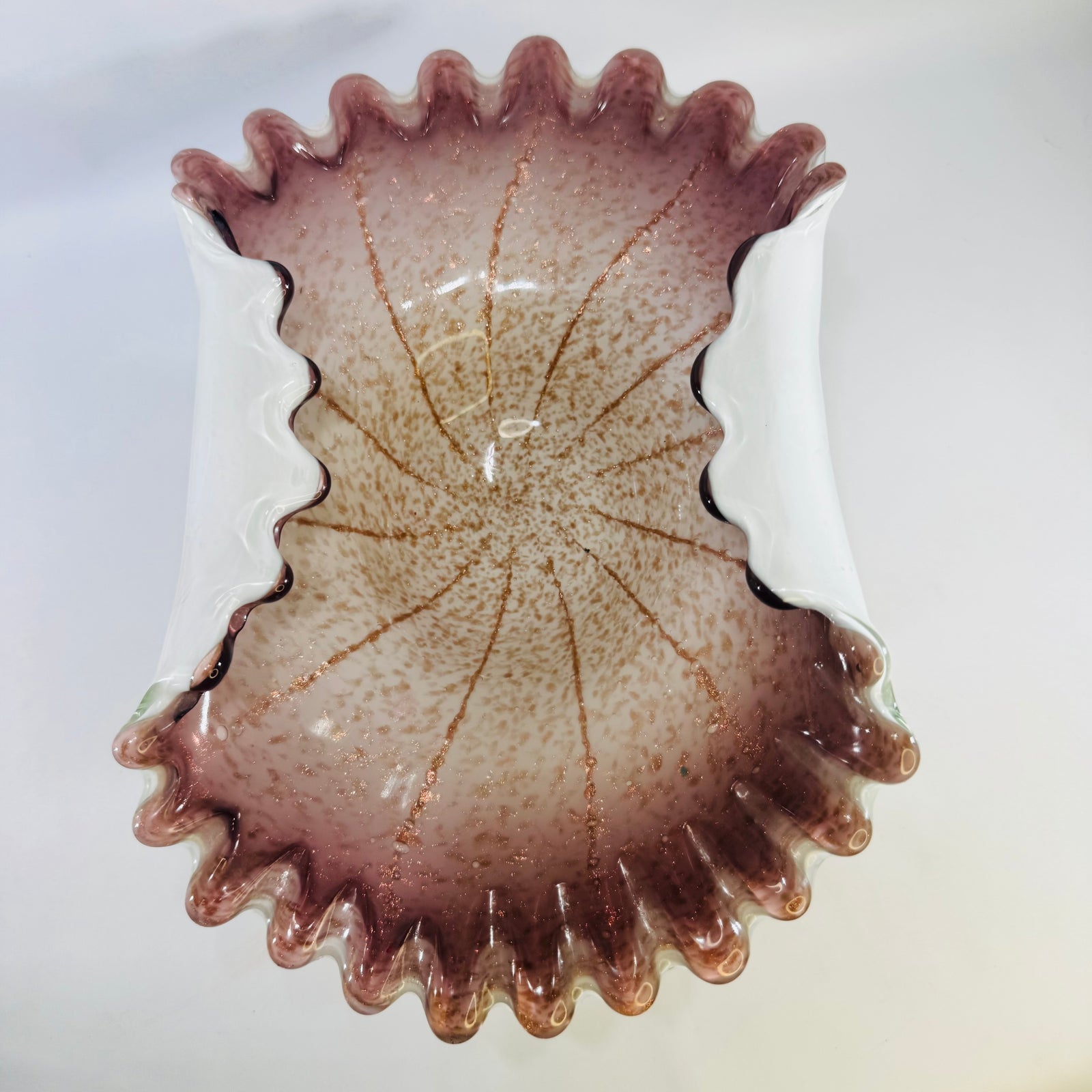 Italian Murano Art Glass Amethyst Aventurine Ruffled Bowl