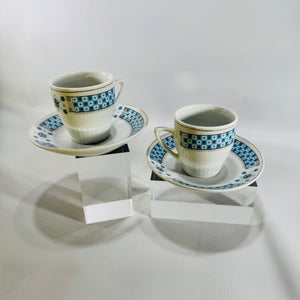 Fin Porcelain Demitasse Cups Saucers Blue Checkerboard Gold Rim Vintage Set of 2