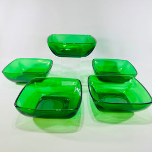 Forest Green Square Glass Dessert Bowl Set of 5 1950s Charm Style
