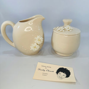 Dorothy Okumoto Creamer and Sugar Set Hawaiian Porcelain Plumeria Flowers