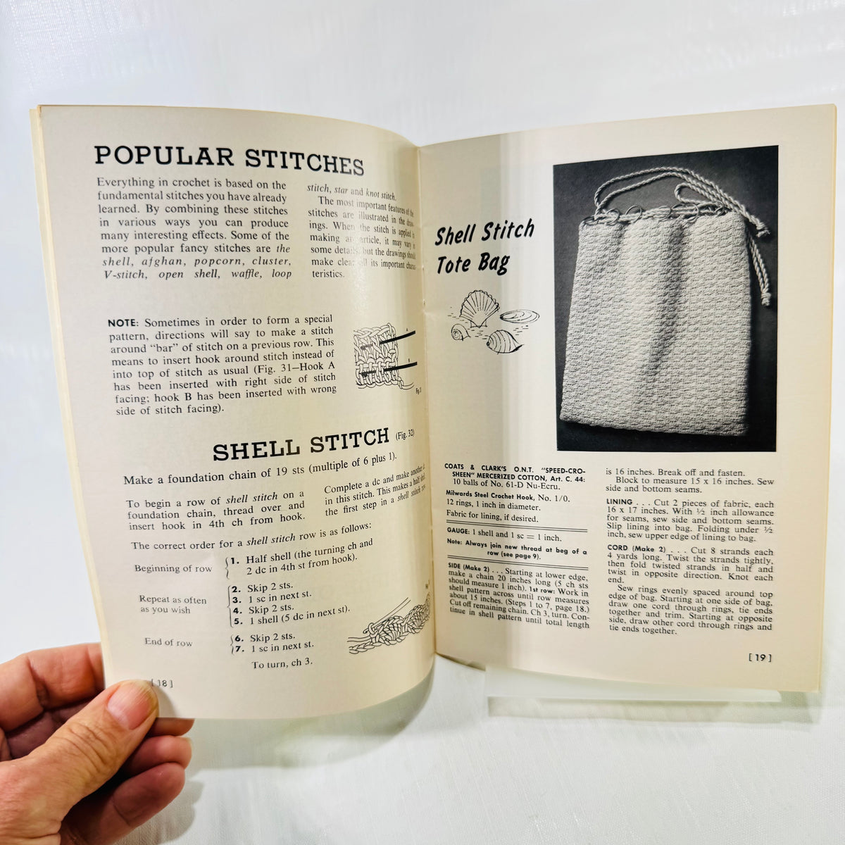 Shell stitch instructions and tote bag project, pages 18 and 19