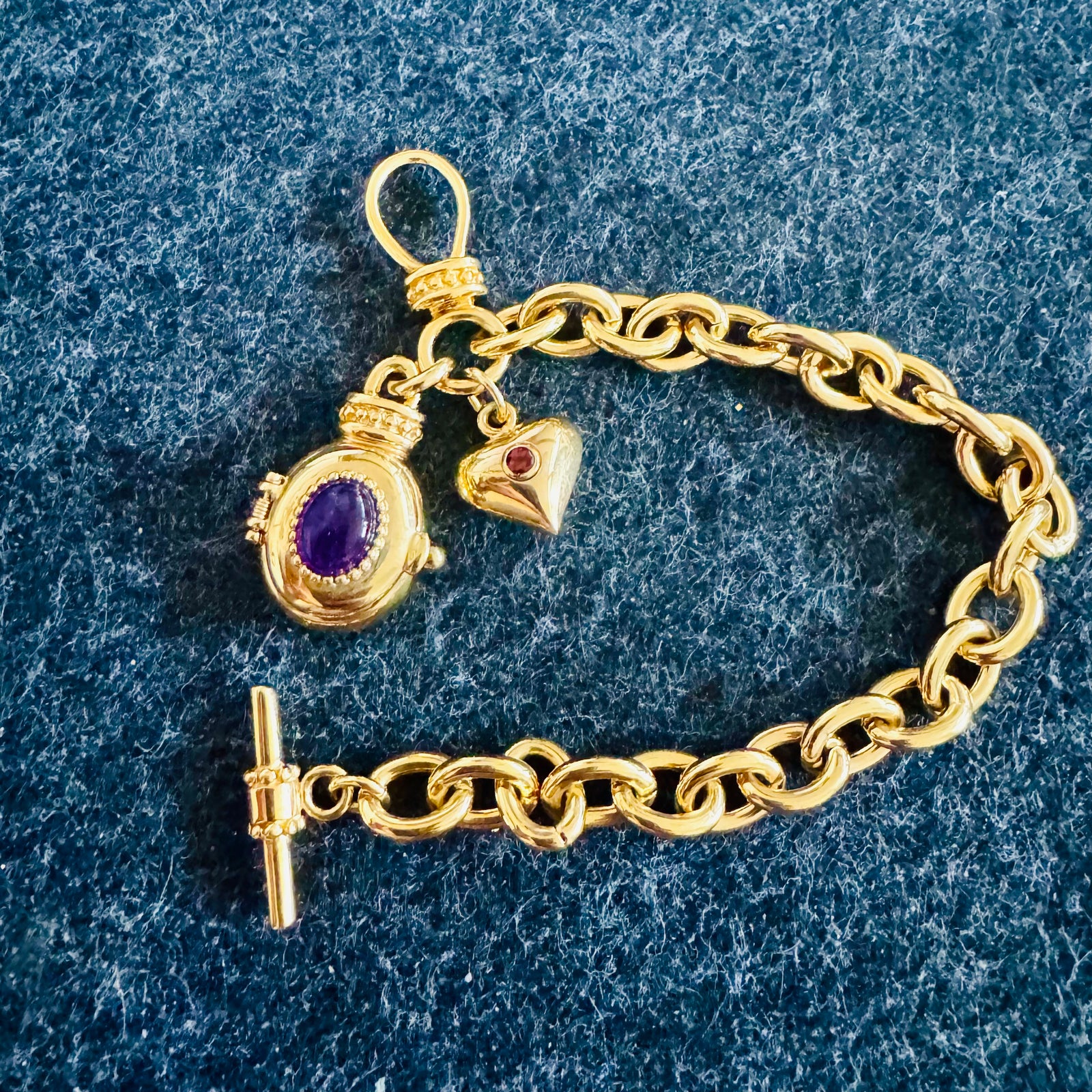 Ecclissi Charm Bracelet Watch Gold Tone Toggle, Purple Cabochon Locket-Style Watch Face + Heart Charm, Japan Quartz, Untested