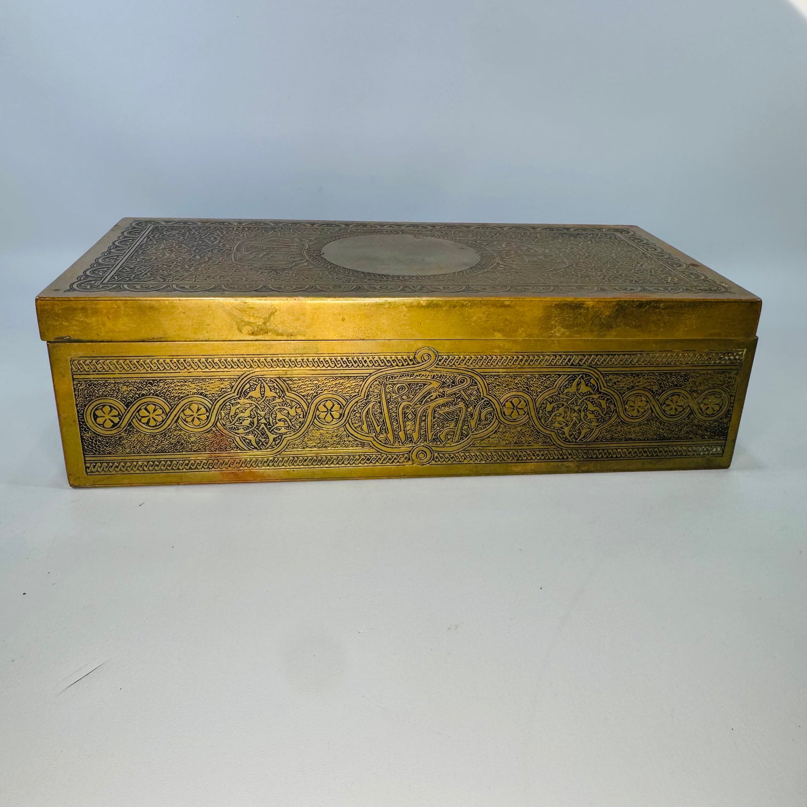 Edwardian Mauser Co. Fifth Ave Brass Desk Box, Antique Engraved Brass Box, New York Islamic Revival Trinket Box