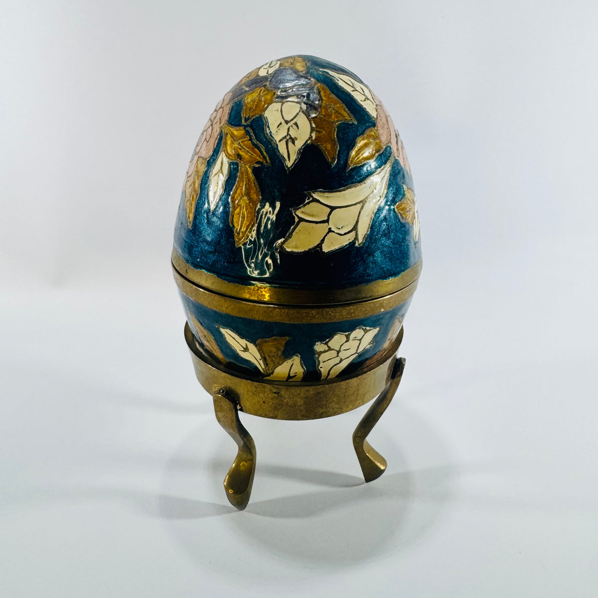 Enameled Brass Egg Trinket Box 1970s Floral Cloisonne Style with Three Leg Display Stand