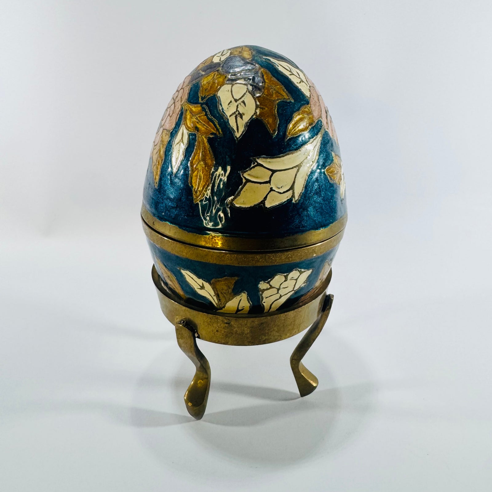 Enameled Brass Egg Trinket Box 1970s Floral Cloisonne Style with Three Leg Display Stand