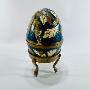 Enameled Brass Egg Trinket Box 1970s Floral Cloisonne Style with Three Leg Display Stand