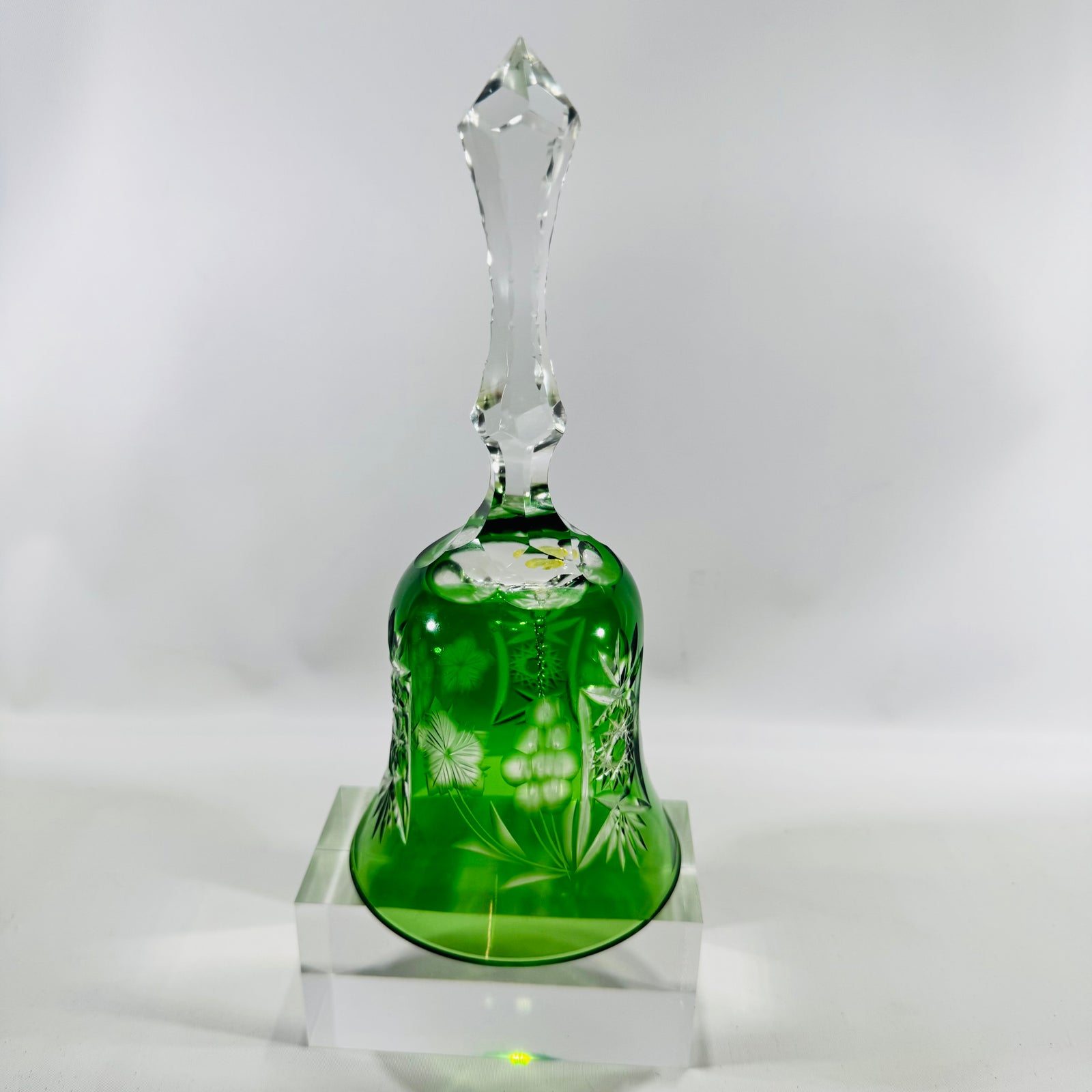 Emerald Green Cut to Clear Crystal Bell 8 Inch Grape Pattern Bohemian Style Vintage Art Glass