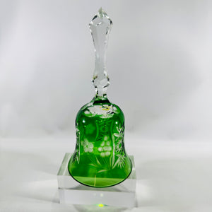 Emerald Green Cut to Clear Crystal Bell 8 Inch Grape Pattern Bohemian Style Vintage Art Glass