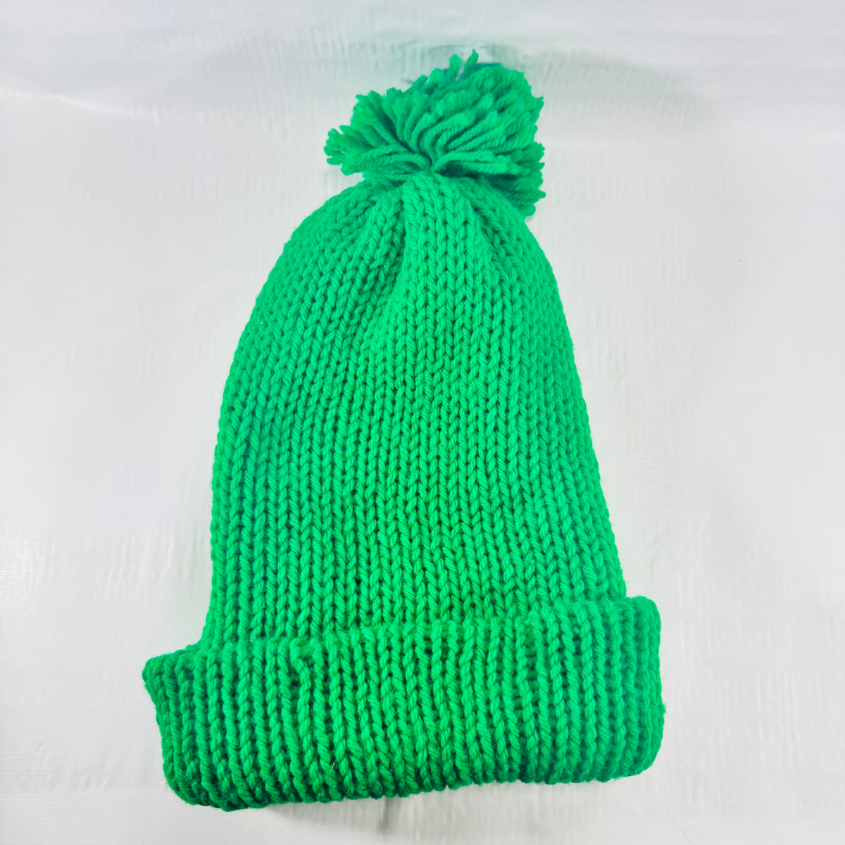 Emerald Green Hand Knit Pom Pom Beanie 1990s Double Layer Cuffed Winter Hat