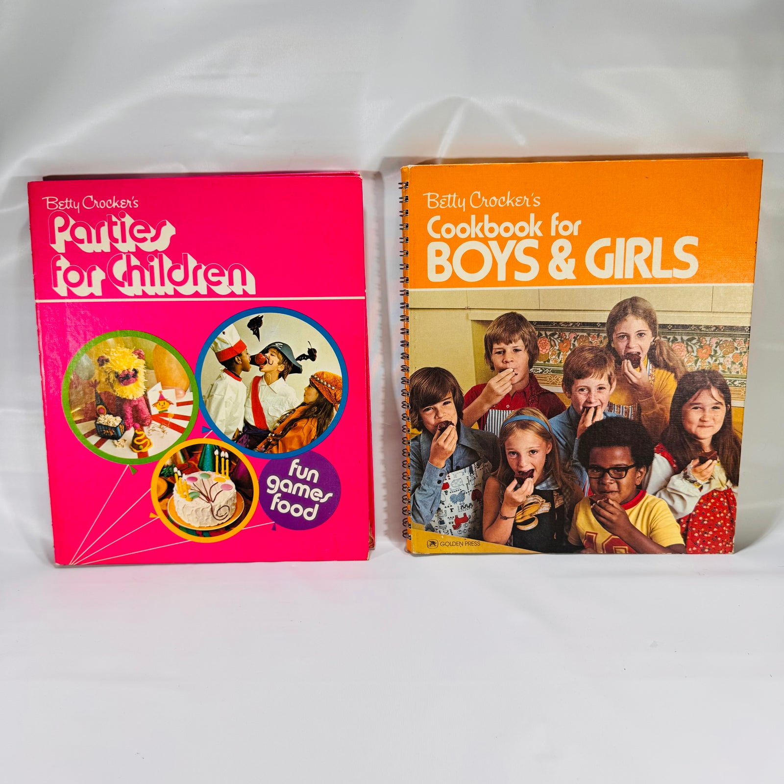 Two Vintage Betty Crocker Books Bundle: Parties for Children (1972) & Cookbooks for Boys and Girls (1976), Hardcover with Spiral Metal Bindings