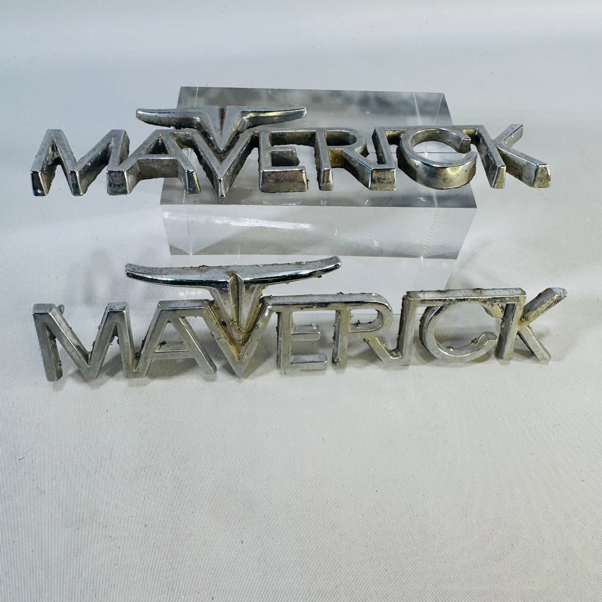 Vintage Ford Maverick Fender Emblem Pair, 1970–74 Chrome Longhorn Badges, Original Used Parts