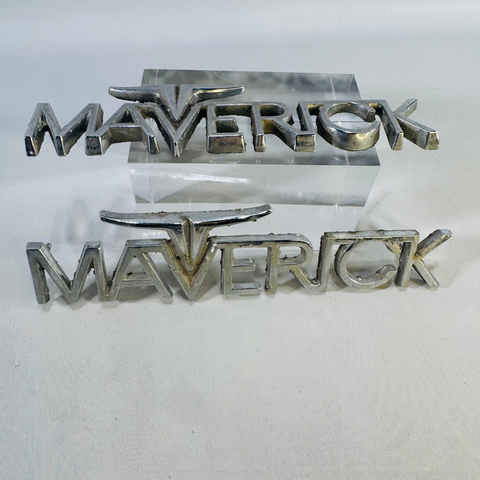 Vintage Ford Maverick Fender Emblem Pair, 1970–74 Chrome Longhorn Badges, Original Used Parts