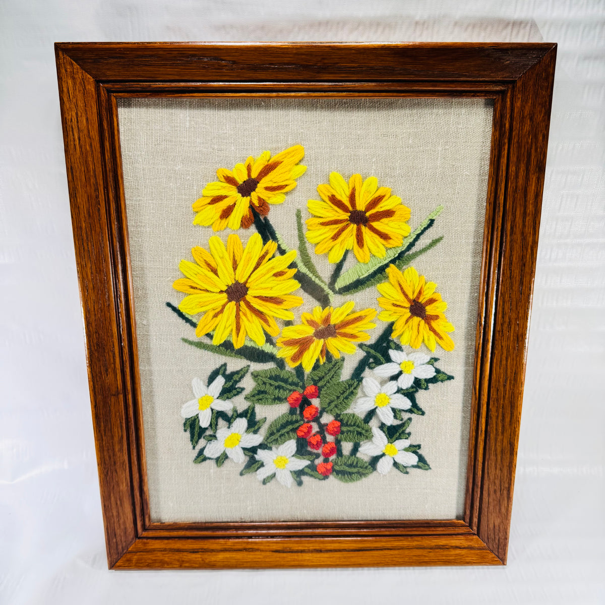 Vintage 1970s Crewel Embroidery Floral Wall Art in Wood Frame