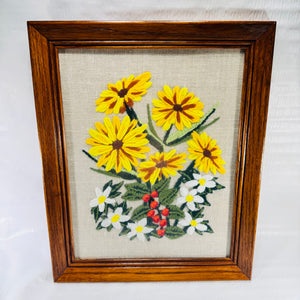 Vintage 1970s Crewel Embroidery Floral Wall Art in Wood Frame