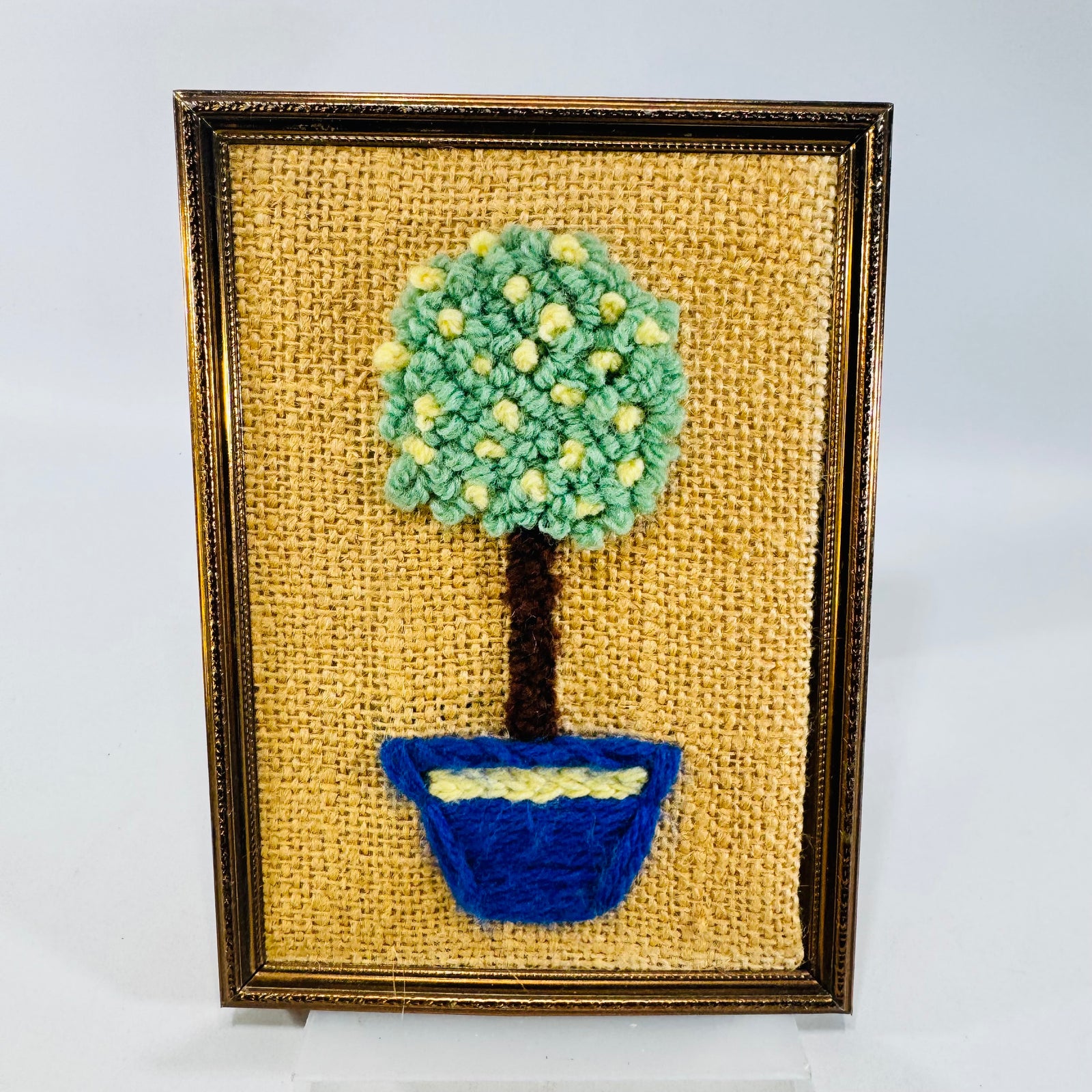 Vintage Yarn Tree Framed Fiber Art on Burlap 1970s Style