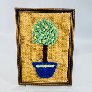 Vintage Yarn Tree Framed Fiber Art on Burlap 1970s Style