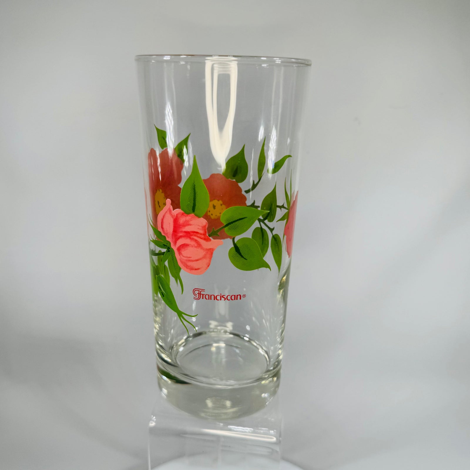 Franciscan Desert Rose Glass Tumbler 14 oz | Libbey Floral Drinking Glass 6.25” Tall | Vintage Cottagecore Kitchen Glassware