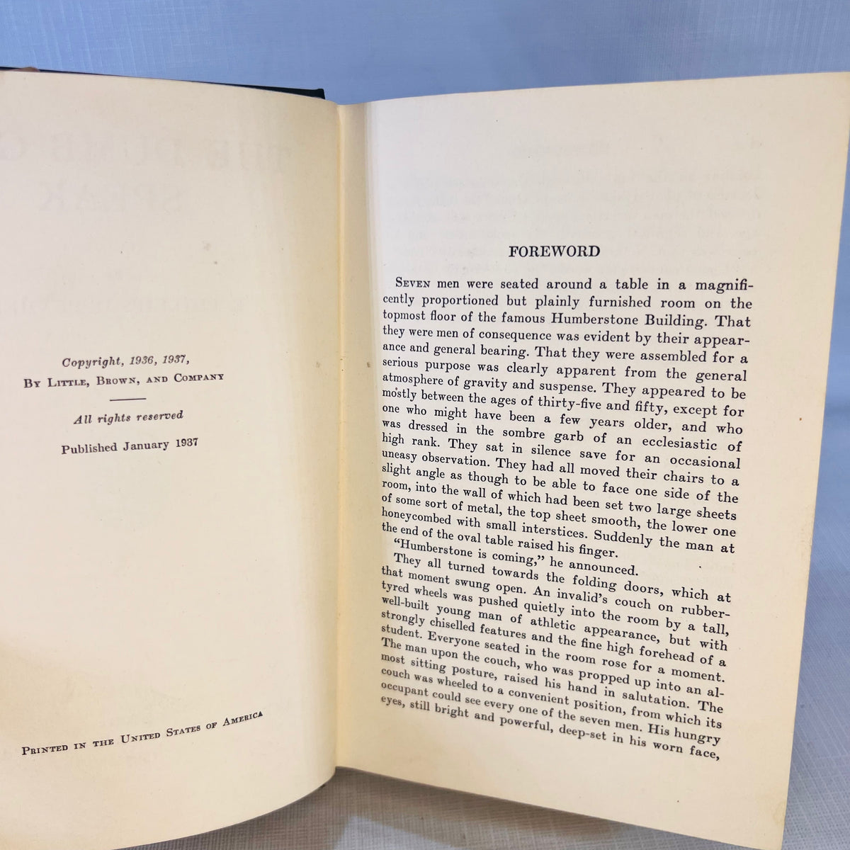 The Dumb Gods Speak by E. Phillips Oppenheim  1937 Little Brown and Company