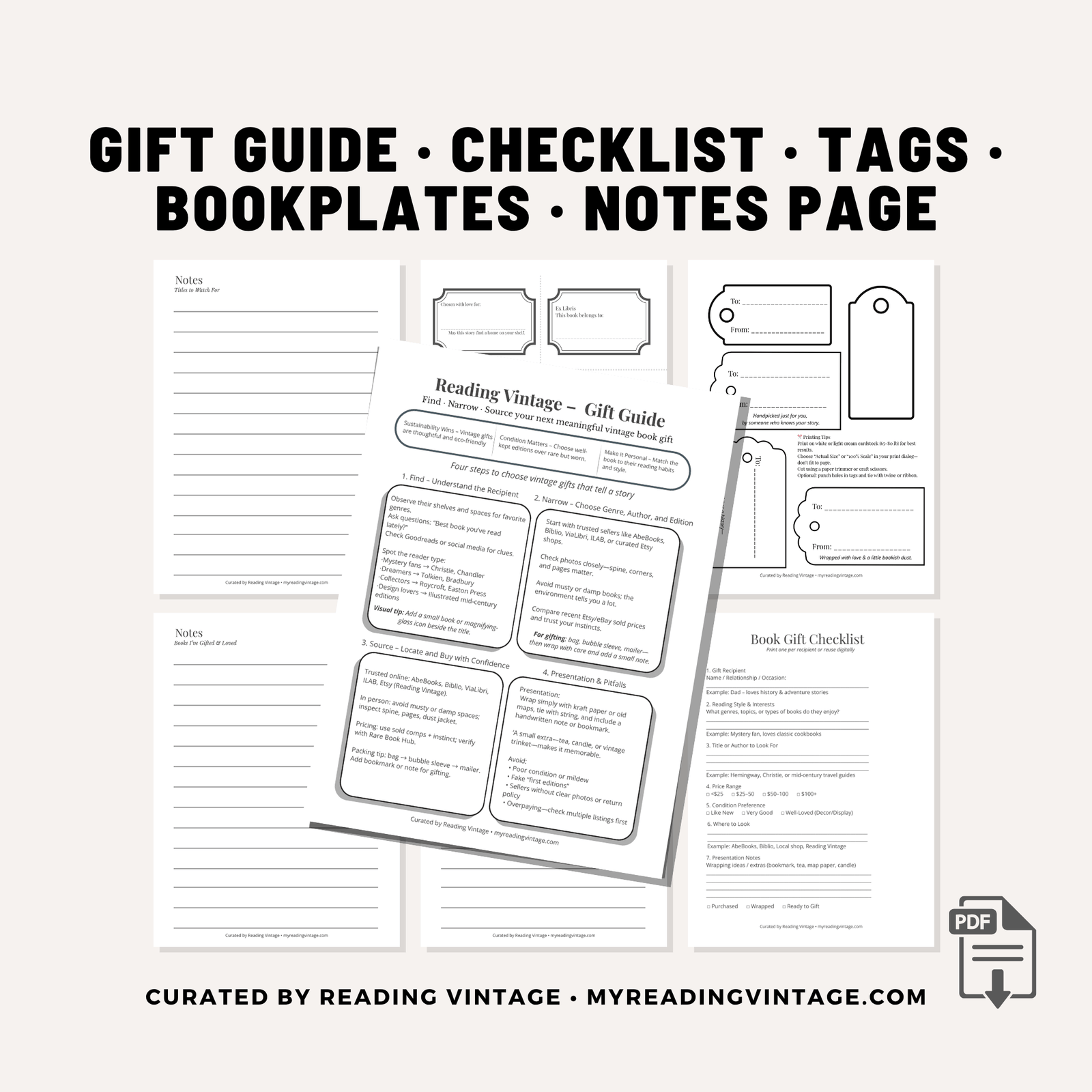 Vintage Book Gift Guide – Printable Tags, Bookplates & Checklist (Digital Download)
