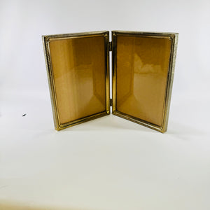 Gold Tone Metal Double Picture Frame 5x7 Mid Century Hinged Tabletop Frame