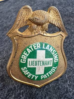 Vintage Greater Lansing Safety Patrol Lieutenant Badge | Lansing Michigan Tin Shield Pin | Green Cross School Safety Patrol