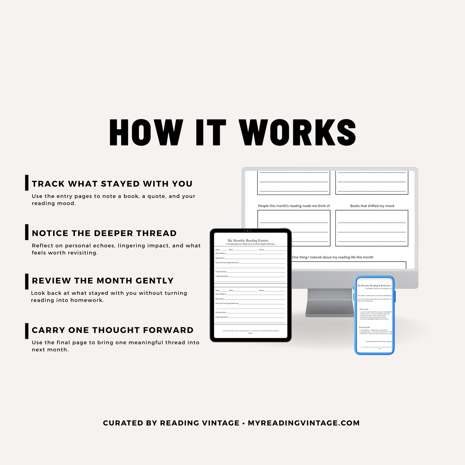 Monthly Reading & Reflection Tracker Printable | 6-Page Reading Journal PDF