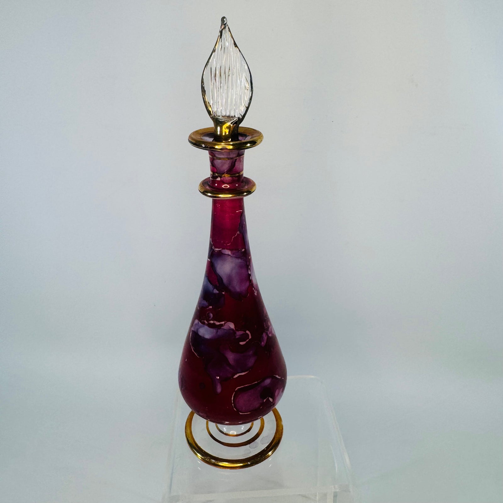 Vintage Purple Hand Blown Perfume Bottle Glass Dauber Gold Trim 7 Inch Egyptian Style Vanity Bottle