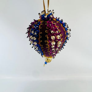 Beaded Velvet Teardrop Ornament Handmade Purple Blue Faux Pearl Holiday Decor