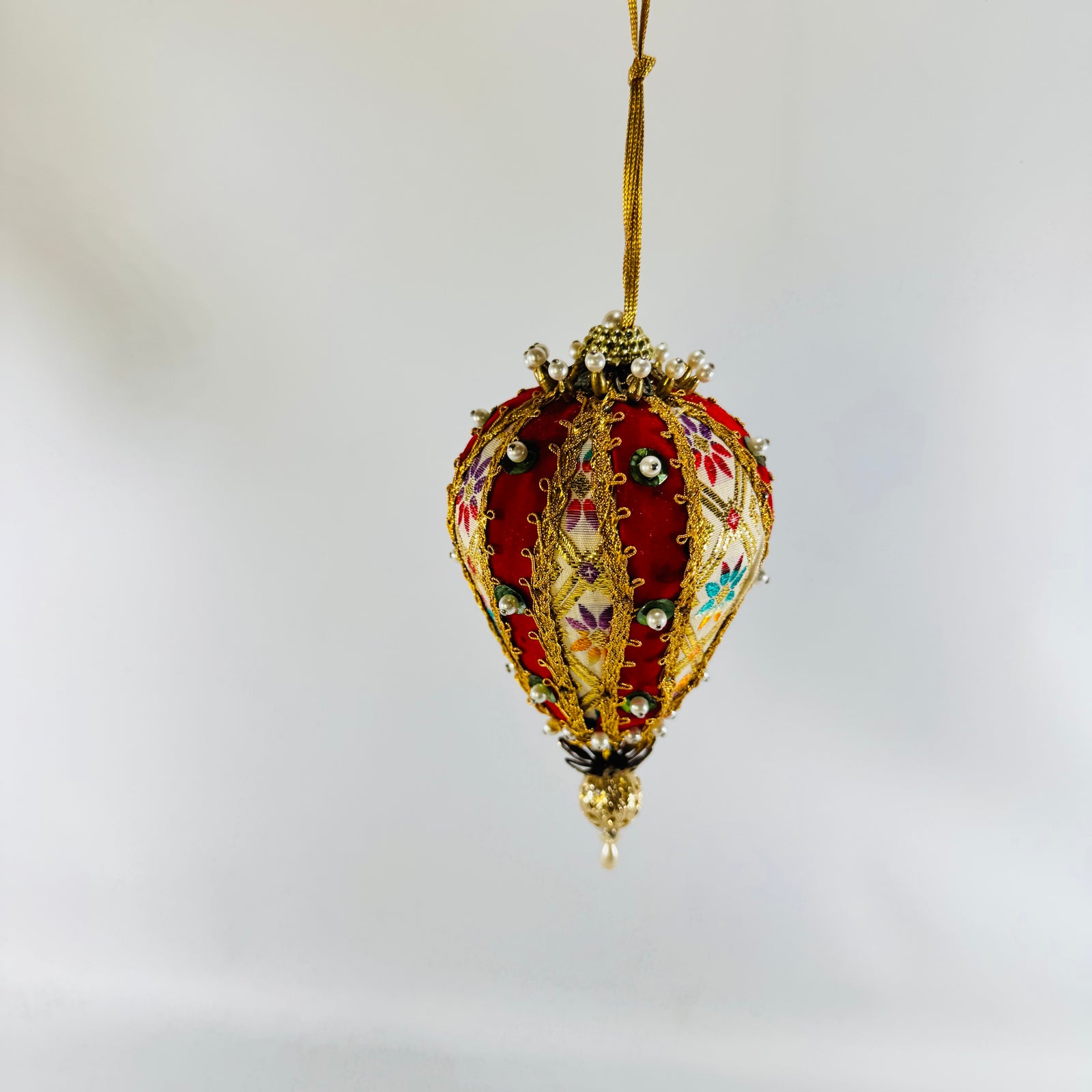 Handmade Red Velvet Jeweled Egg Ornament with Gold Trim and Pearl Beads