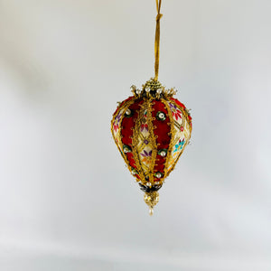 Handmade Red Velvet Jeweled Egg Ornament with Gold Trim and Pearl Beads