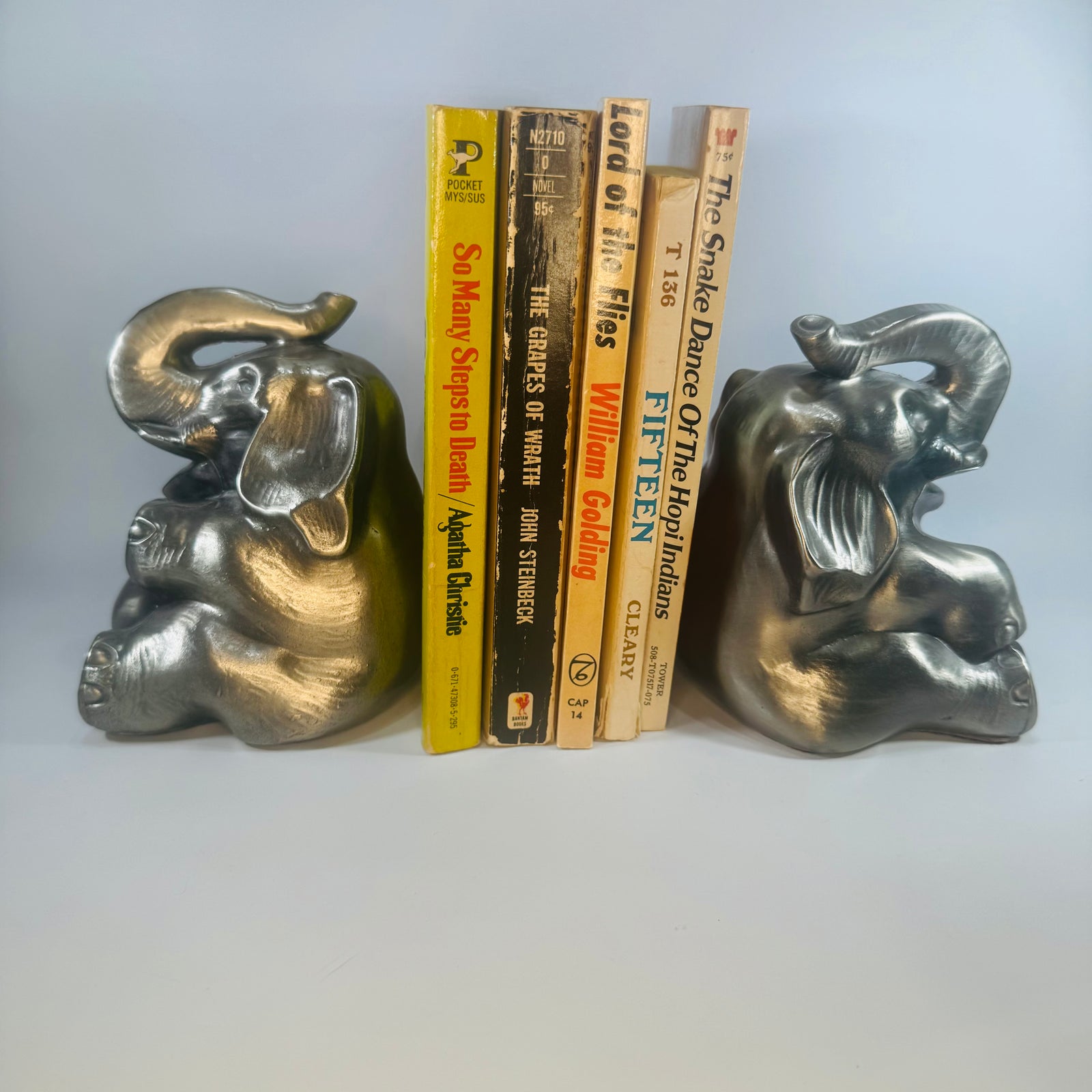 Vintage Elephant Bookends Pair PM Craftsman Philadelphia Manufacturing Pewter Finish Sitting Elephant Bookends Library Decor