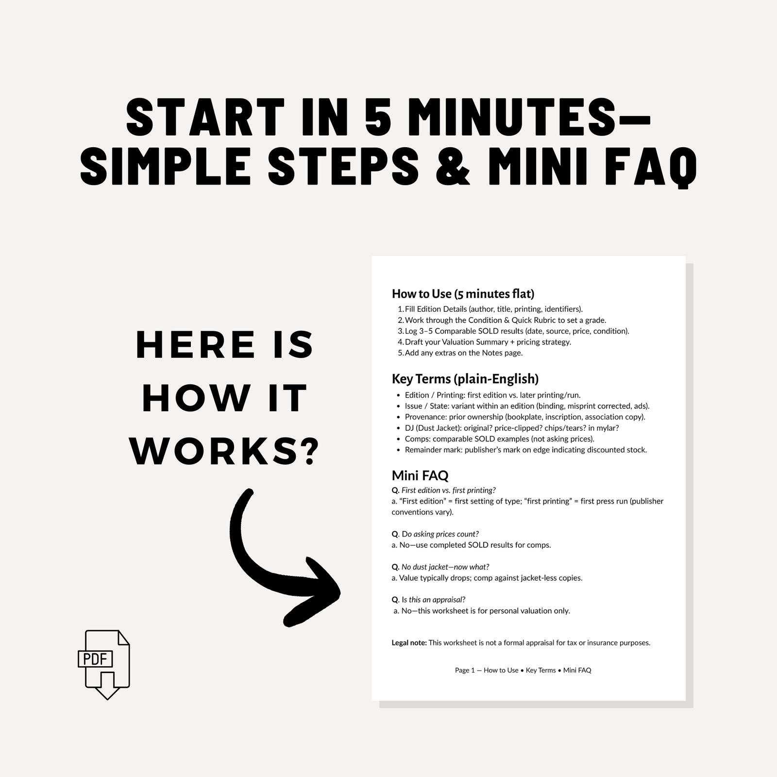 Vintage Book Valuation Worksheet (6 Pages) – Printable PDF for Buyers & Sellers | Condition, Edition & SOLD Comps