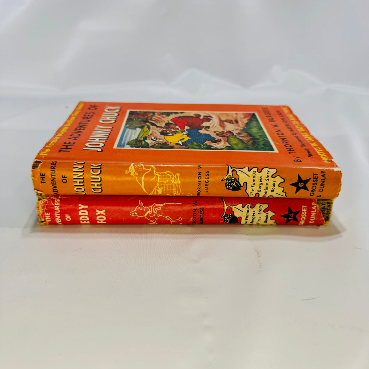 Spines of the Johnny Chuck and Reddy Fox dust jackets, Burgess 1941