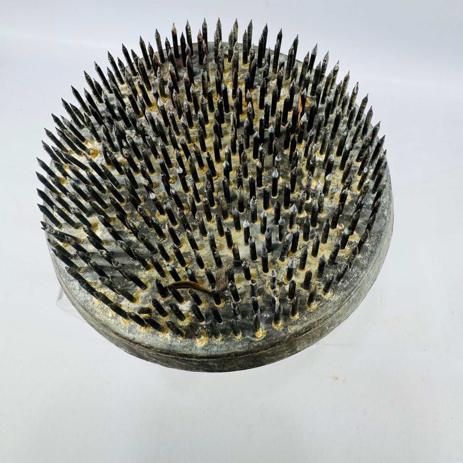 Vintage Cast Iron Flower Frog – 4 Inch Round Spike Holder, Heavy Patina