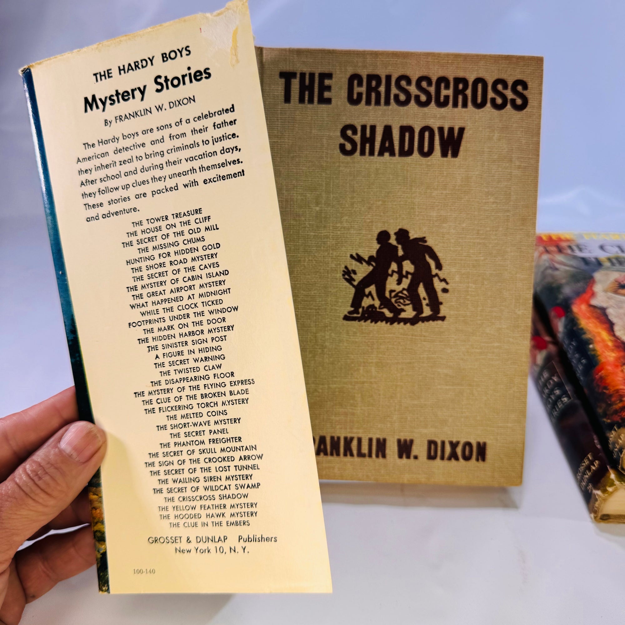 Three Hardy Boys Books by Franklin W. Dixon The Crisscross Shadow The Secret of the Lost Tunnel, The Clue in the Embers Grosset and Dunlap