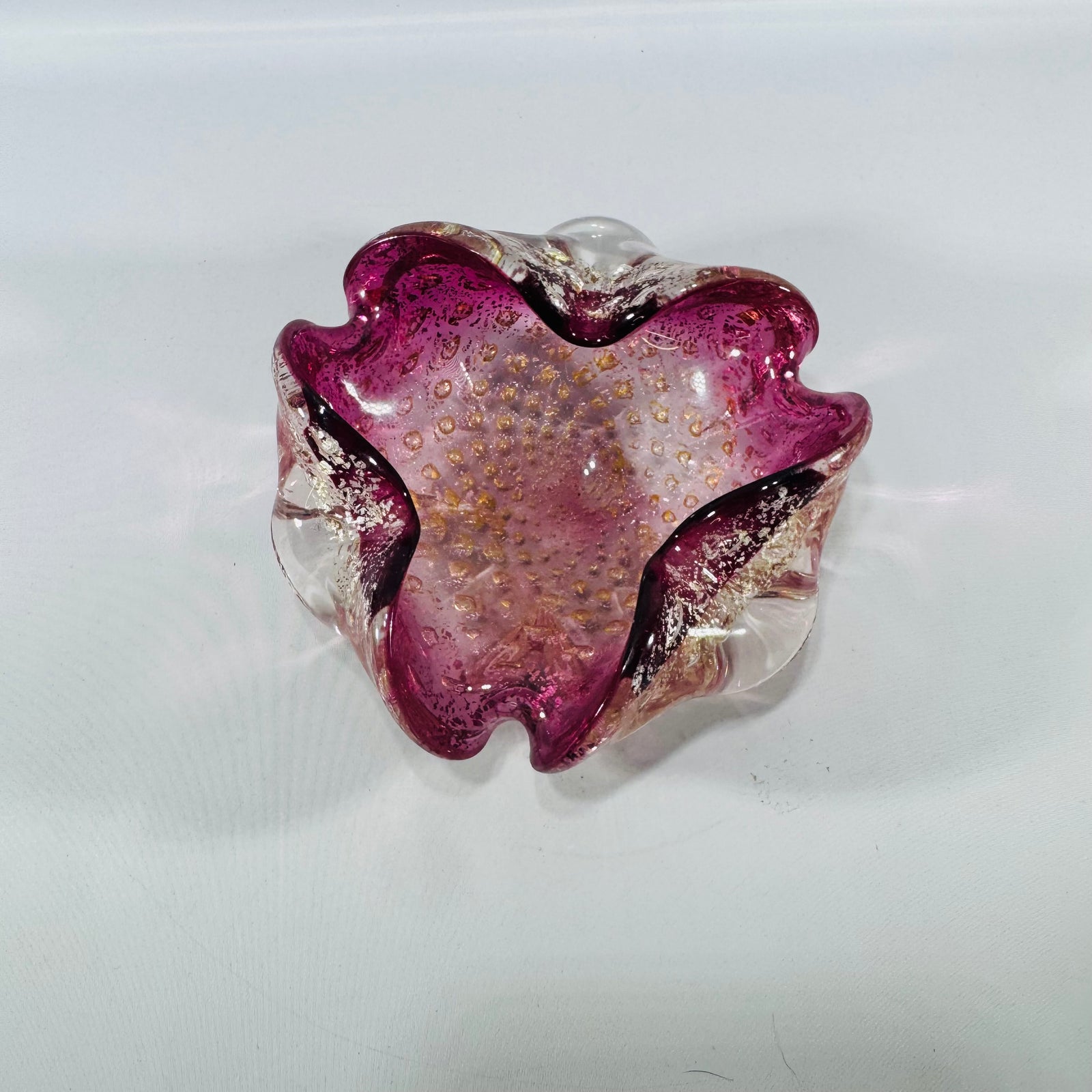 Murano Art Glass Cranberry Pink Aventurine Bullicante Bowl — Italian Hand Blown Freeform Centerpiece