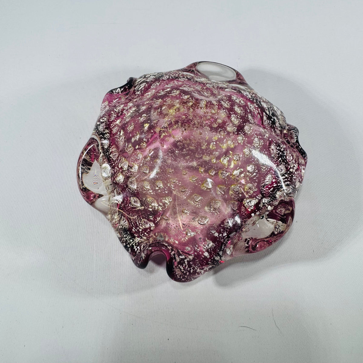 Murano Art Glass Cranberry Pink Aventurine Bullicante Bowl — Italian Hand Blown Freeform Centerpiece