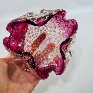 Murano Art Glass Cranberry Pink Aventurine Bullicante Bowl — Italian Hand Blown Freeform Centerpiece
