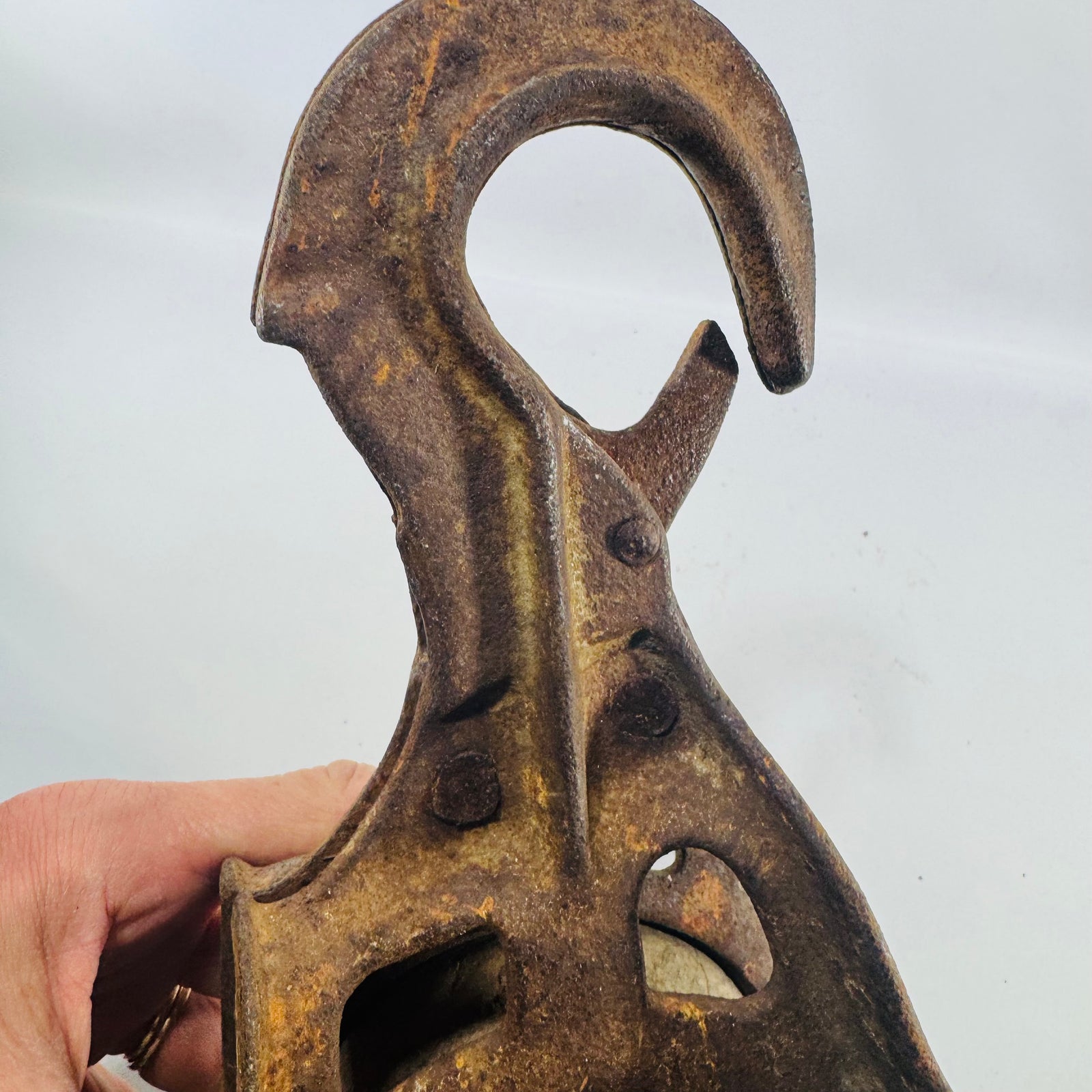 Vintage Cast Iron Barn Pulley with Hook — Rustic Farmhouse Industrial Decor, Heavy Spoked Wheel, Early 20th Century