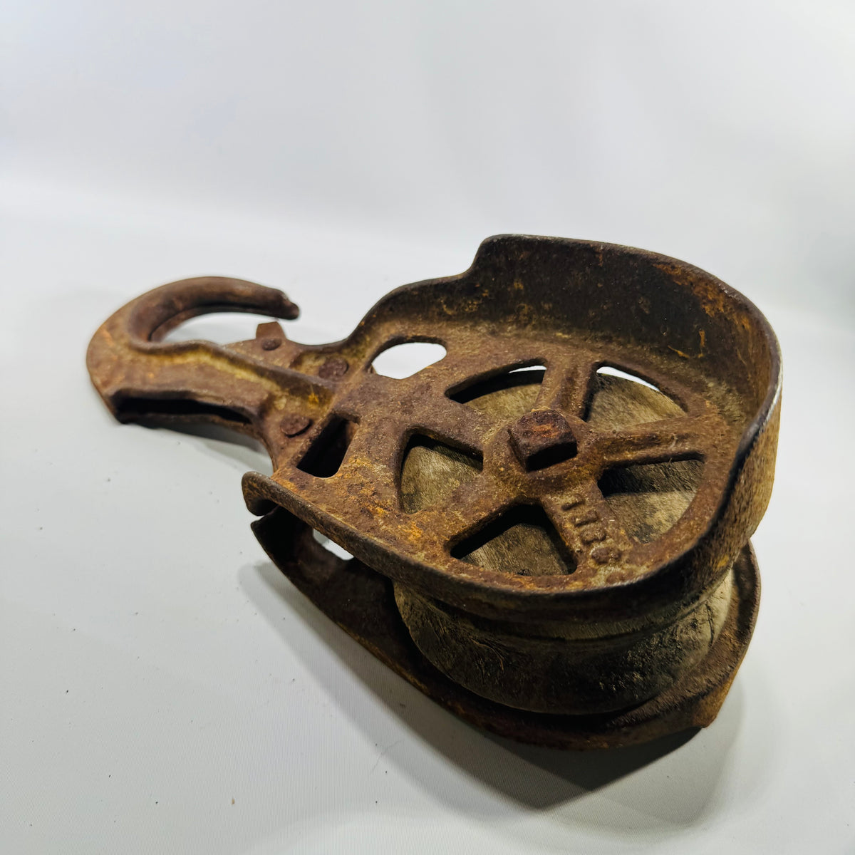 Vintage Cast Iron Barn Pulley with Hook — Rustic Farmhouse Industrial Decor, Heavy Spoked Wheel, Early 20th Century