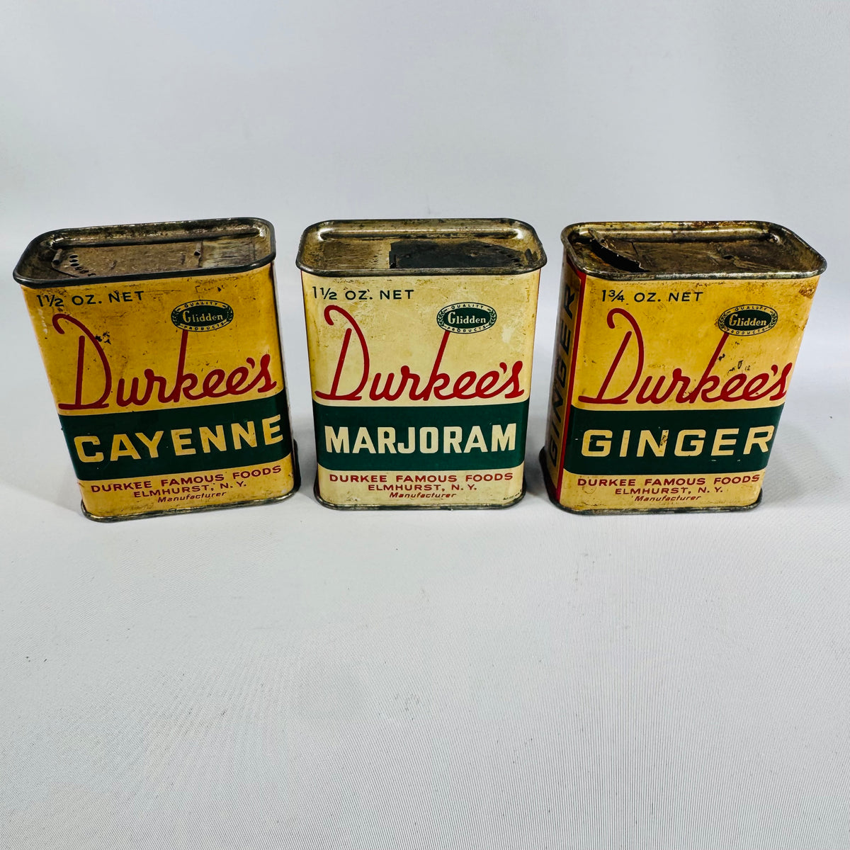 Vintage Durkee's Spice Tin Set of 3 — Cayenne, Marjoram, Ginger — Durkee Famous Foods Elmhurst NY, Mid-Century Kitchen Advertising Tins