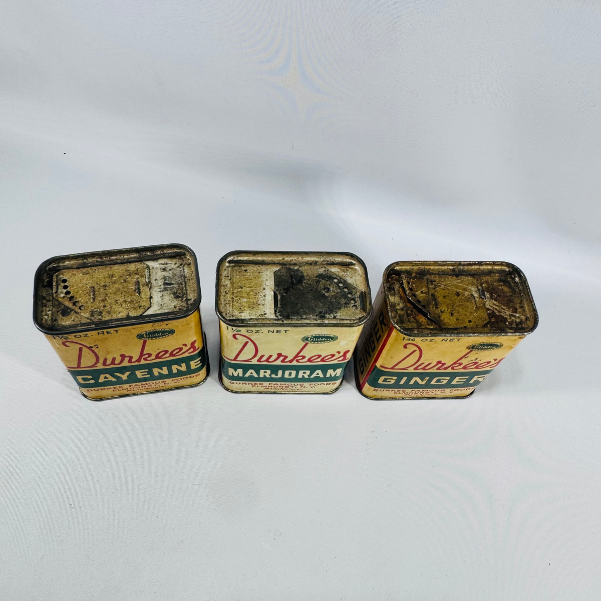 Vintage Durkee's Spice Tin Set of 3 — Cayenne, Marjoram, Ginger — Durkee Famous Foods Elmhurst NY, Mid-Century Kitchen Advertising Tins