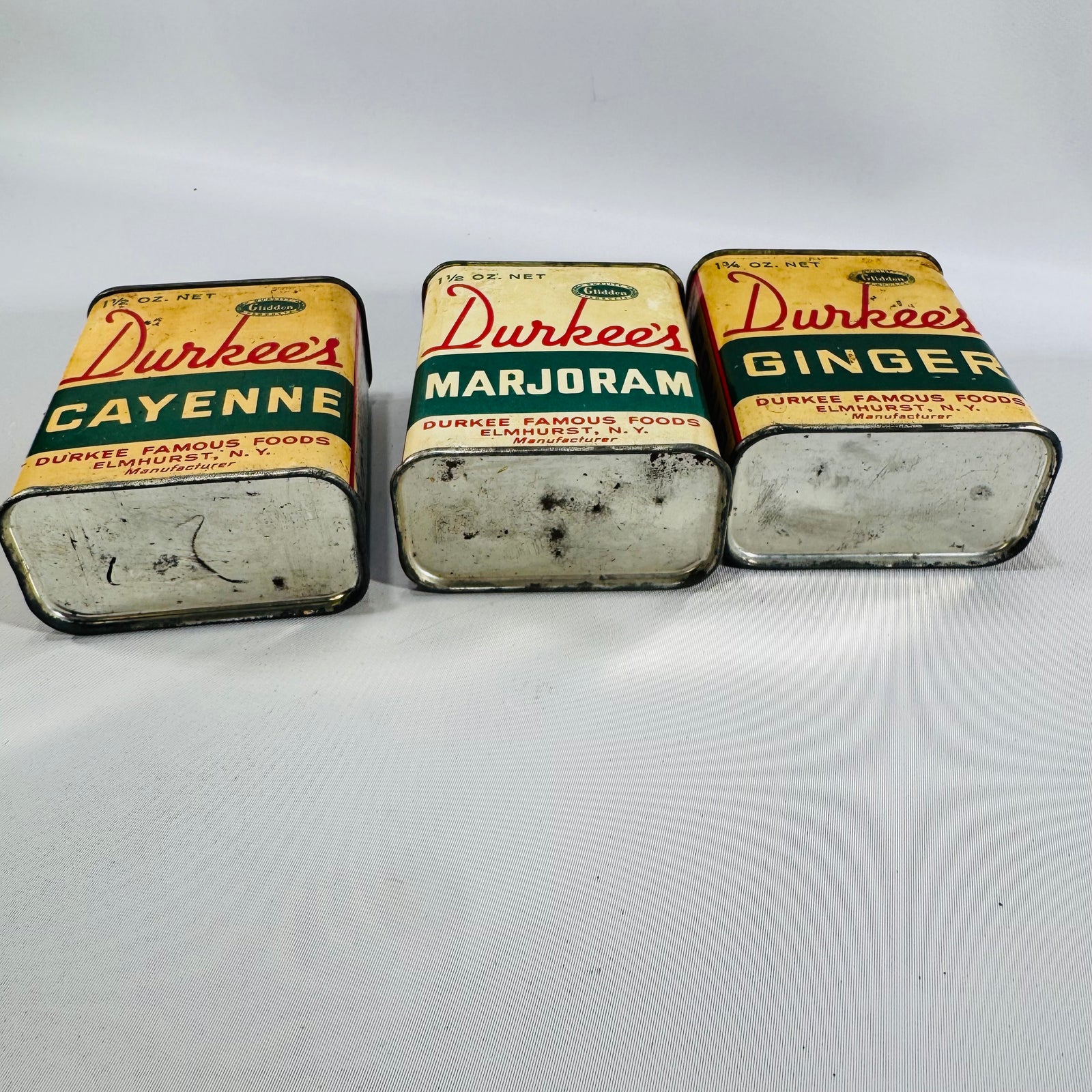 Vintage Durkee's Spice Tin Set of 3 — Cayenne, Marjoram, Ginger — Durkee Famous Foods Elmhurst NY, Mid-Century Kitchen Advertising Tins