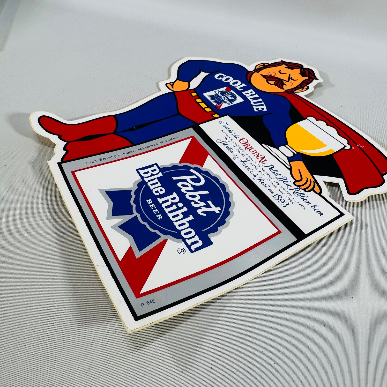 Vintage Pabst Blue Ribbon "Cool Blue" Superhero Die-Cut sticker  — PBR Breweriana Advertising Display, Pabst Brewing Company Milwaukee Wisconsin