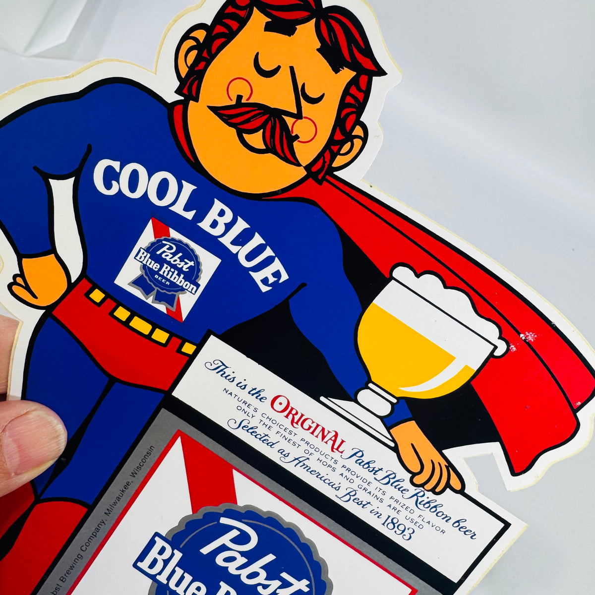 Vintage Pabst Blue Ribbon "Cool Blue" Superhero Die-Cut sticker  — PBR Breweriana Advertising Display, Pabst Brewing Company Milwaukee Wisconsin