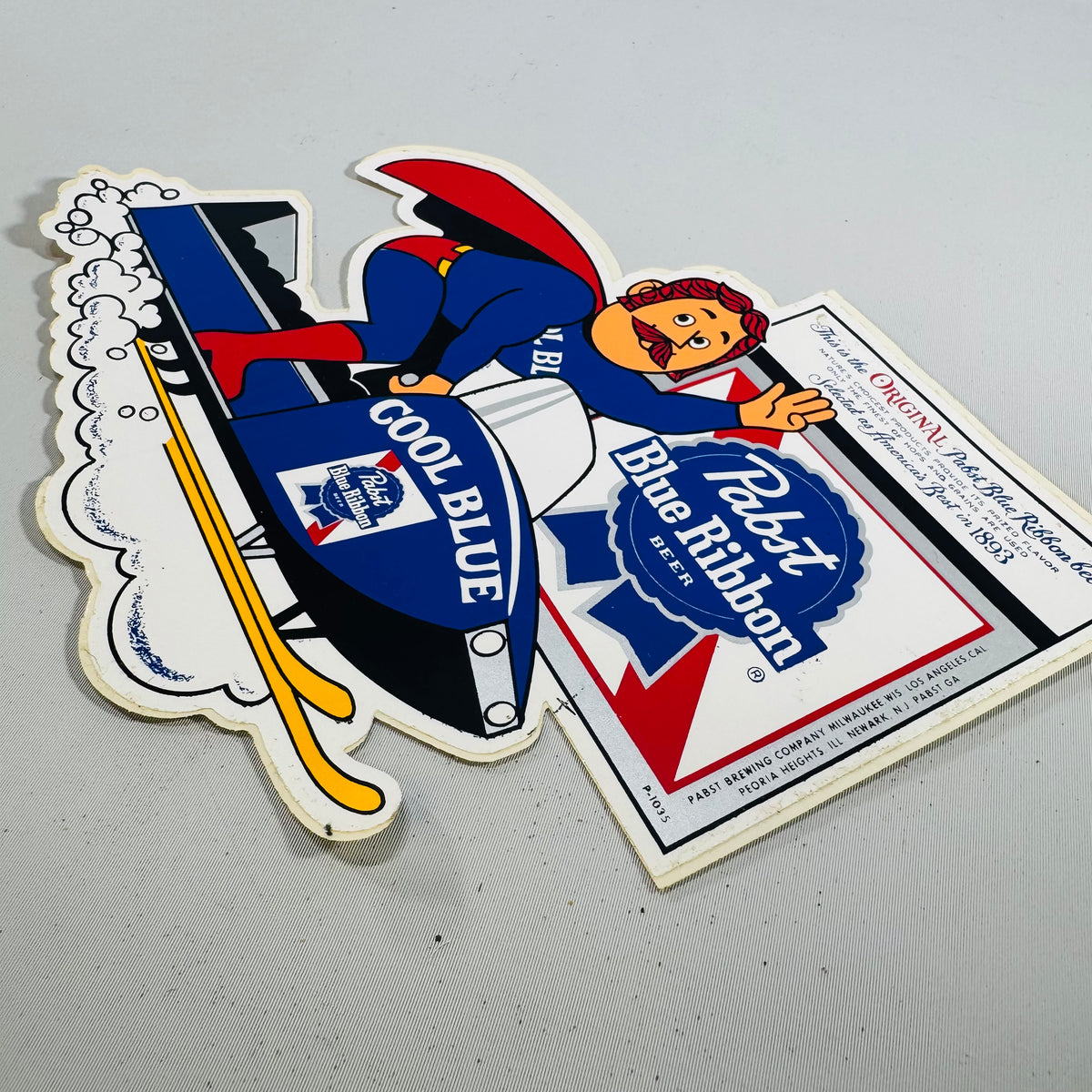 Vintage Pabst Blue Ribbon "Cool Blue" Snowmobile Die-Cut Sticker Sign — PBR Breweriana Advertising Display, Pabst Brewing Company Milwaukee Wisconsin