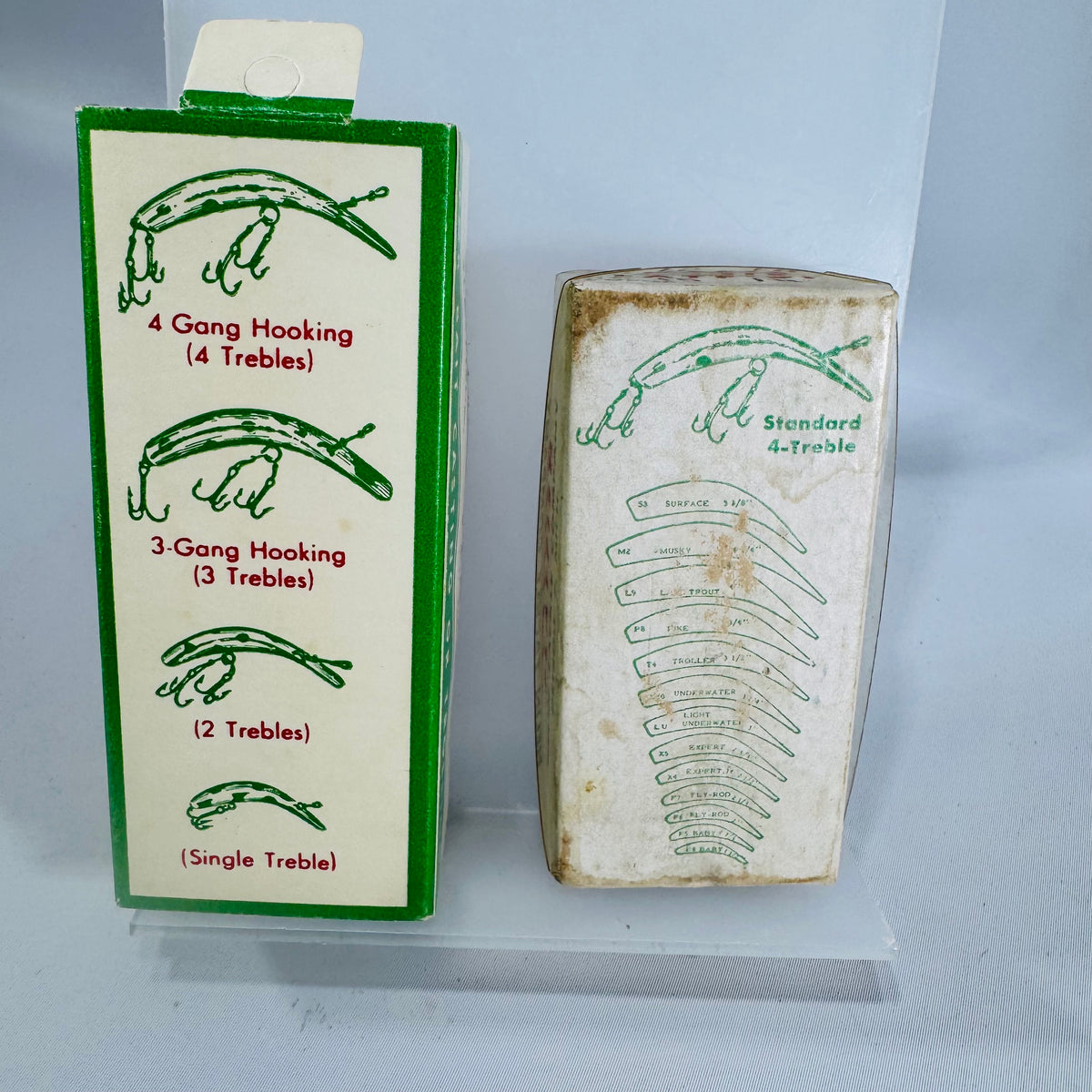 Vintage Helin's Flatfish Fishing Lure Set of 2 with Original Boxes — Helin Tackle Co. Detroit Michigan, Yellow Frog X4 and White Pink Spot