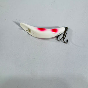 Vintage Helin's Flatfish Fishing Lure Set of 2 with Original Boxes — Helin Tackle Co. Detroit Michigan, Yellow Frog X4 and White Pink Spot
